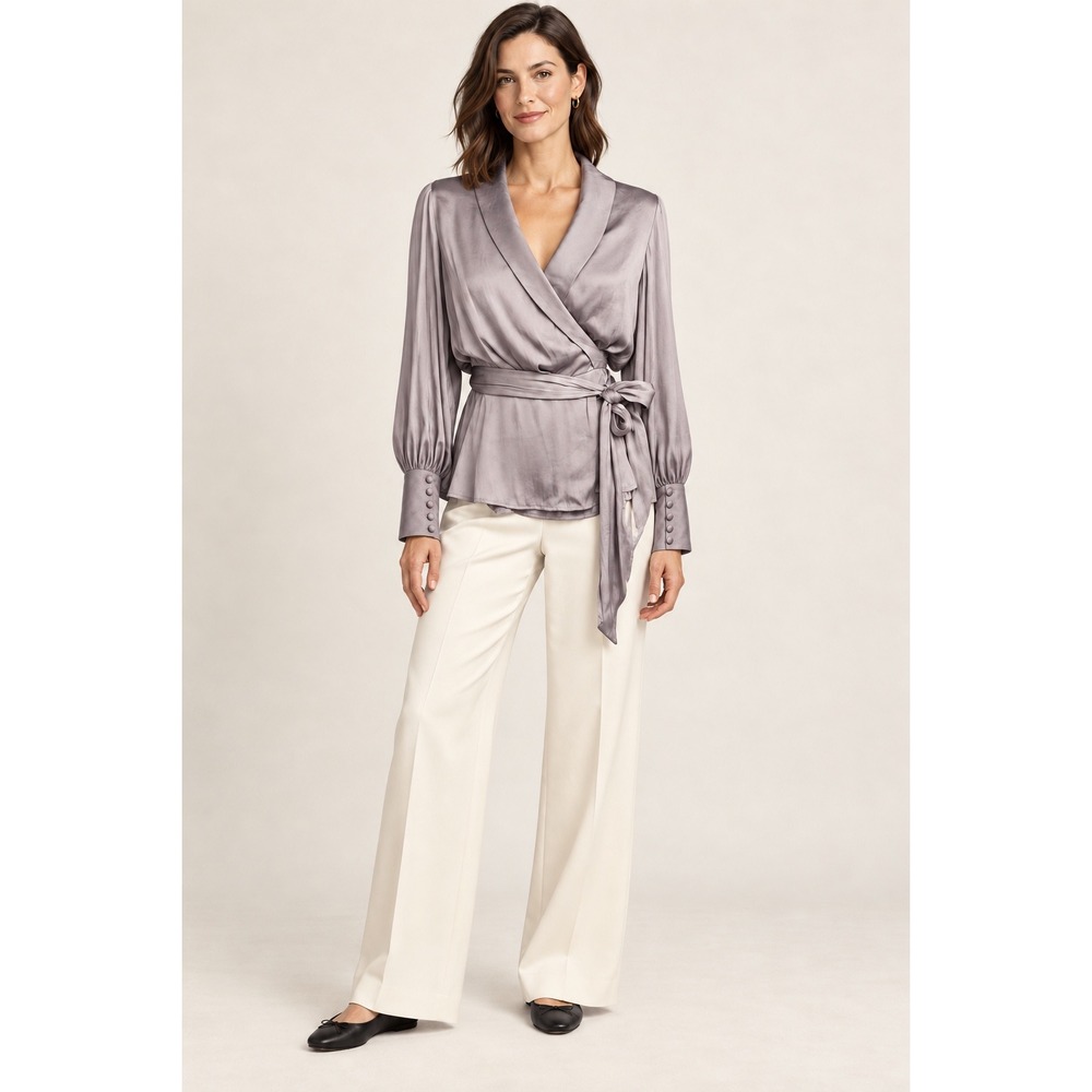 Banana Republic Womens Wrap Blouse Size M Satin Shawl Collar Tie Waist Top